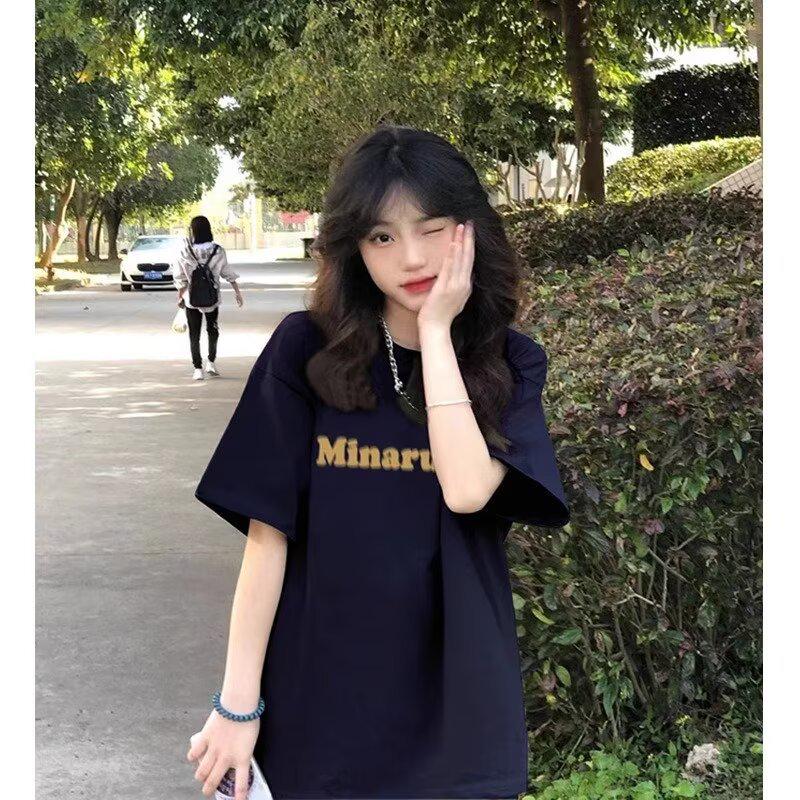 

Женская модная футболка свободного кроя с круглым вырезом и уникальным дизайном рукавов «пять четвертей» для лета 2025 года Extra Large темно-синий