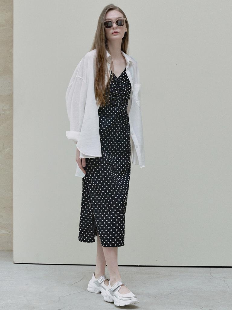 Avang Dot Shirring Long Dress - Black