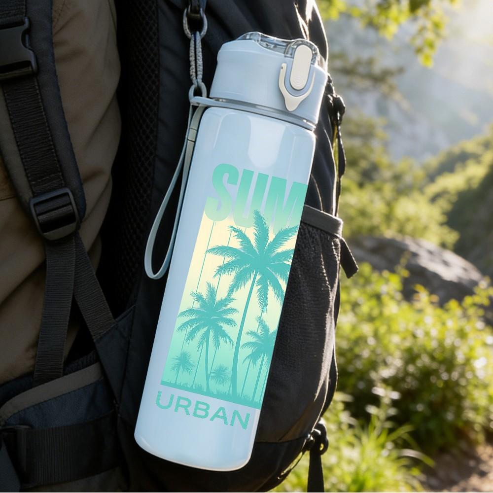 1PC Summer Palm Tree Urban Style Print 750ml Color Plastic Sports Water Bottle Leakproof Flip Straw Lid Suitable for Sports Office Home Use