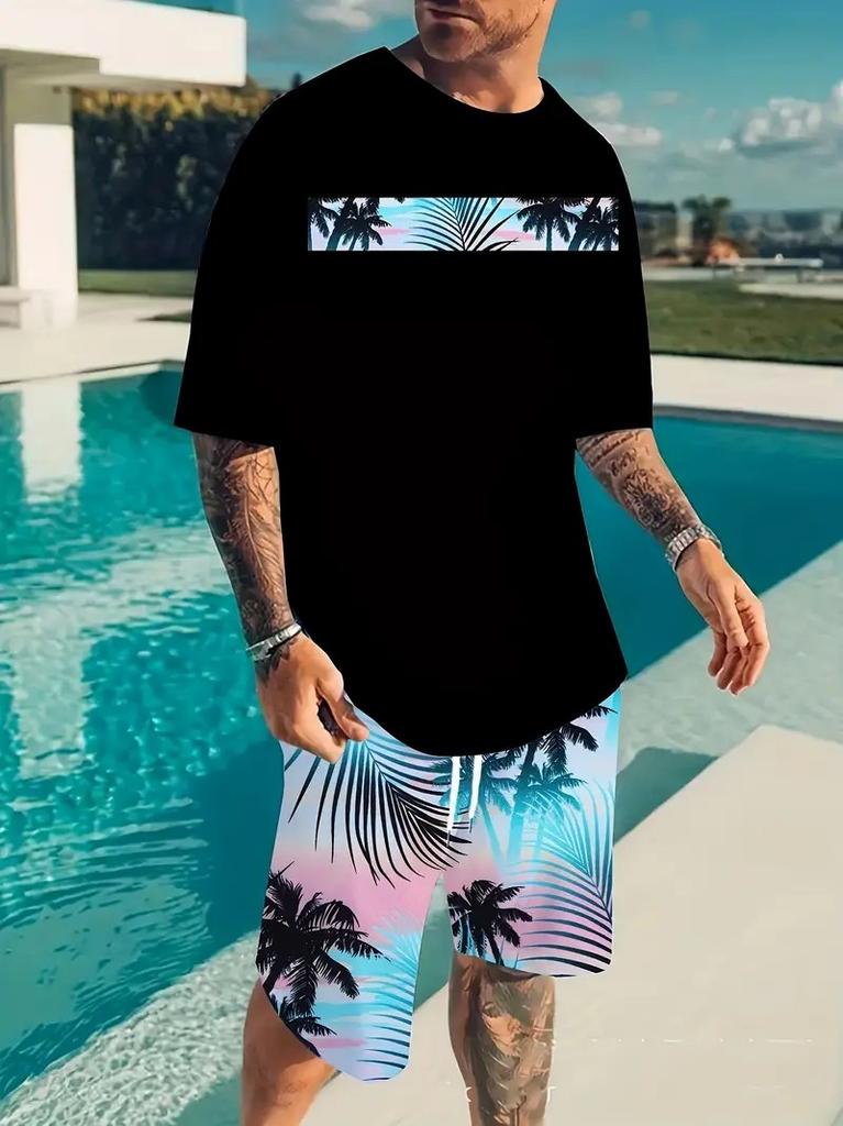 Hawaiian Beach Printed Summer Men's T-shirt Set Sportswear Men's Clothing Short Sleeve Shorts Set Men's T-shirt Set Lightweight