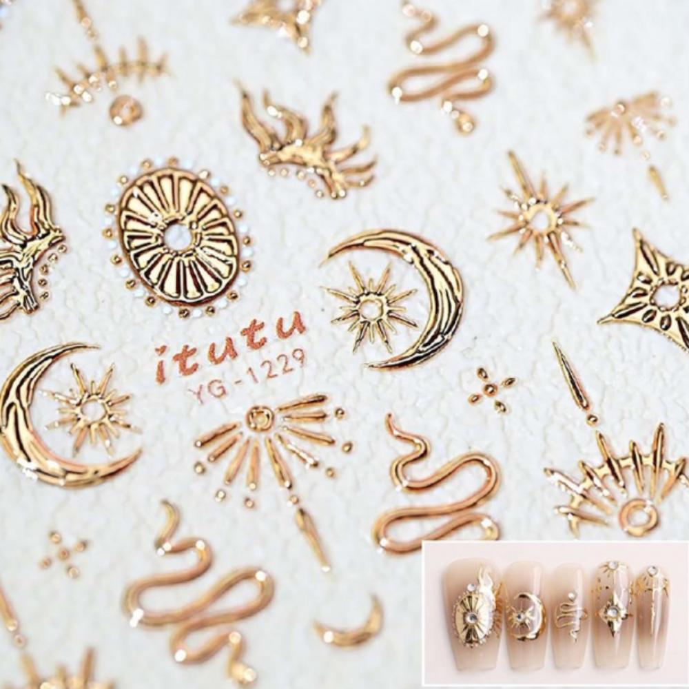 Retro-style DIY nail  Two(2) Gold stickers with floral patterns; strong-adhesive for nails or phone cases.