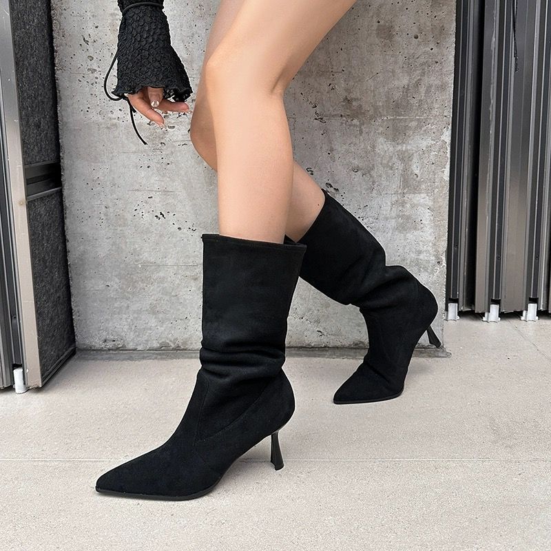 Boots Casual Mid Boots Pointed High Heels Spring and Autumn Fold Thin Fashion Short Boots Heap Daily