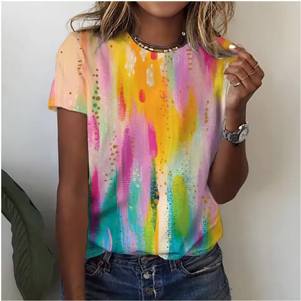 Summer Round Neck 3D Gradient Print Top Fashionable Casual Short Sleeved Women's T-shirts