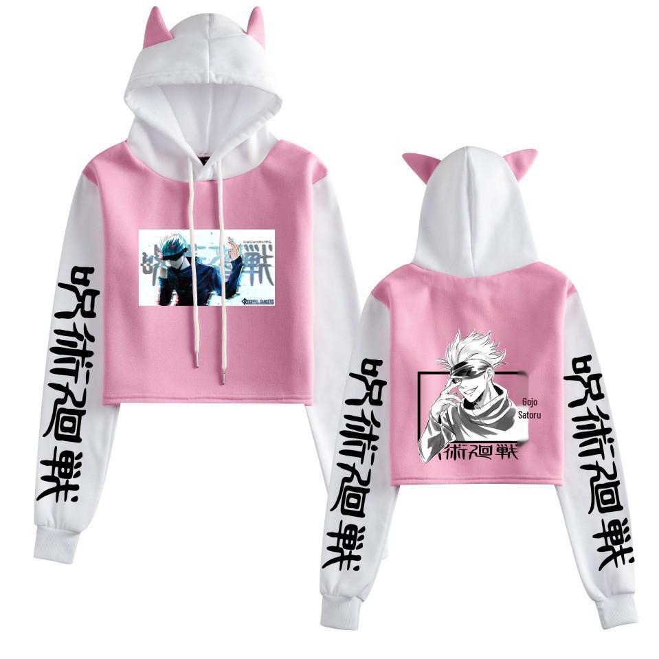 Felpa Crop Top Jujutsu Kaisen 2021 Gojo Satoru con Orecchie da Gatto e Design Color Block
