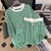 Summer T-shirt Shorts Set 2 Pcs/Set Women Striped Print Loose Short Sleeves Top Drawstring Fit Tracksuit Elastic Waist Mini Plus Size Casual