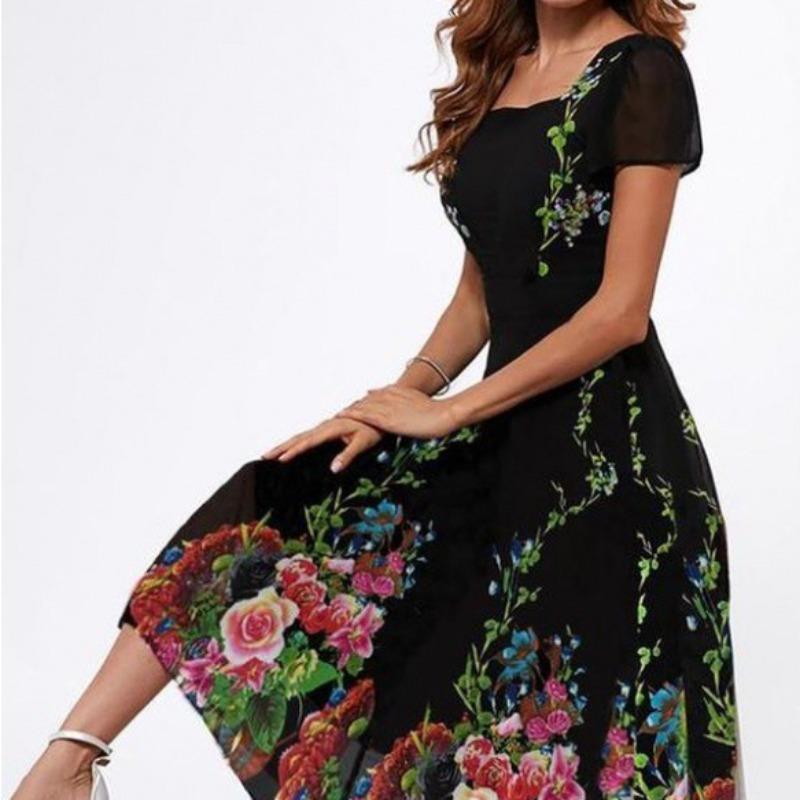 

YYFS женские модные летние весенние повседневные платья с цветочным узором и коротким рукавом с квадратным воротником и средней талией S