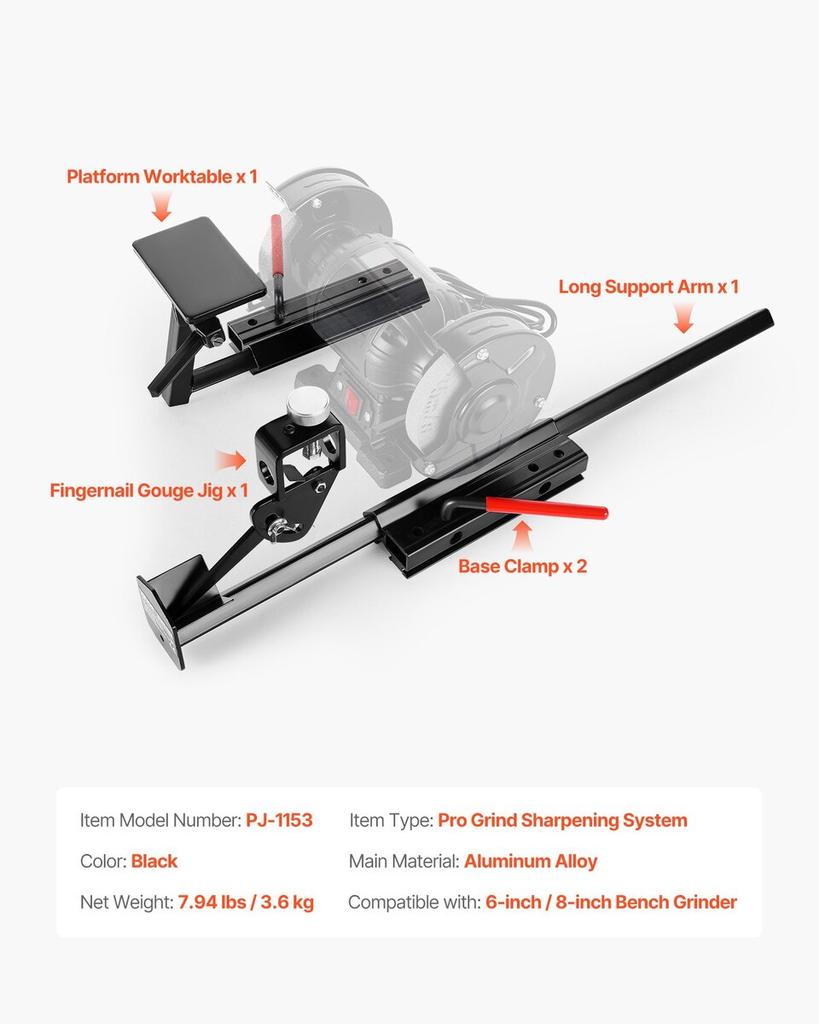 Multi-Grind Sharpening System, Vari-Grind Pro Sharpening Jig Kit for 6" & 8" Bench Grinders with Platform, Long Support Arm & Fingernail Gouge Jig,
