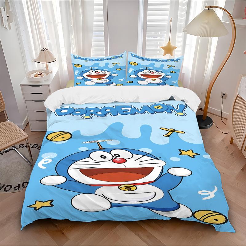 Doraemon'S Joyful Adventure Print 3Pcs Bedding Setduvet Cover With 2 Bedropillowcase Home Birthday Gift
