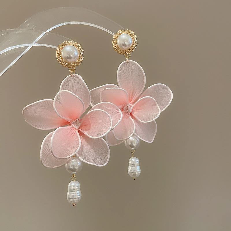 Pink Yarn Mesh Flowers Tassel Dangle Earrings for Women Sweet Girly Imitation Pearl Pendientes Fairy Lolita Party Ear Decoration