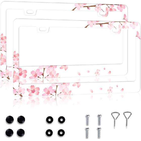 Personalized License Plate Frame Hippie Flower License Plate Frame 2 Pcs Stainless Steel License Plate Cover For Men Women For Car Decoration Size белый