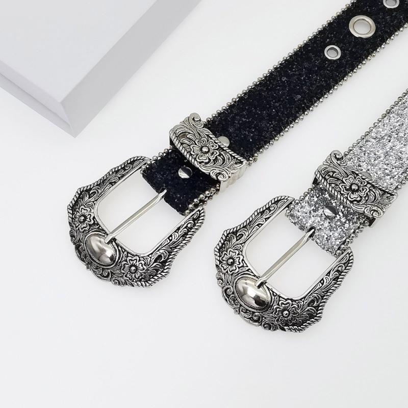 Large Eyelet Sequined Belt for Jeans Bead Trim PU Leather Belt Subculture Pants Belt Elegant Girl Clothing Waist Decors
