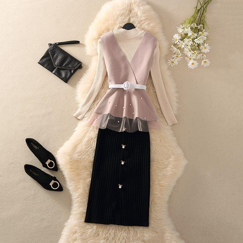 Autumn and Winter Sweater Suit Women's Waistcoat Knitted Sweater Top and High Waist Bag Hip Bodycon Skirt Three-piece Set Office Ladies Outfits