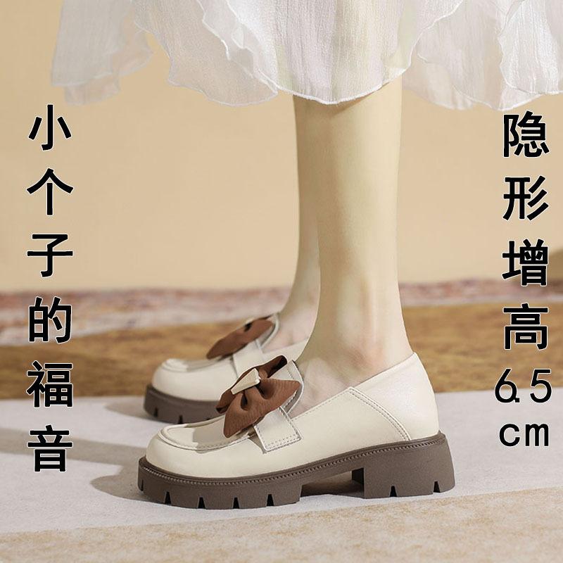 

Autumn height increase one pedal thick heel bow beige small leather shoes women s small size 32333 39 чорний