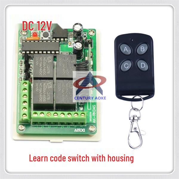 DC 12V 4-Way Remote Control Switch with Butterfly 4-Key Controller, featuring Jog, Self-Locking, and Interlocking functions.