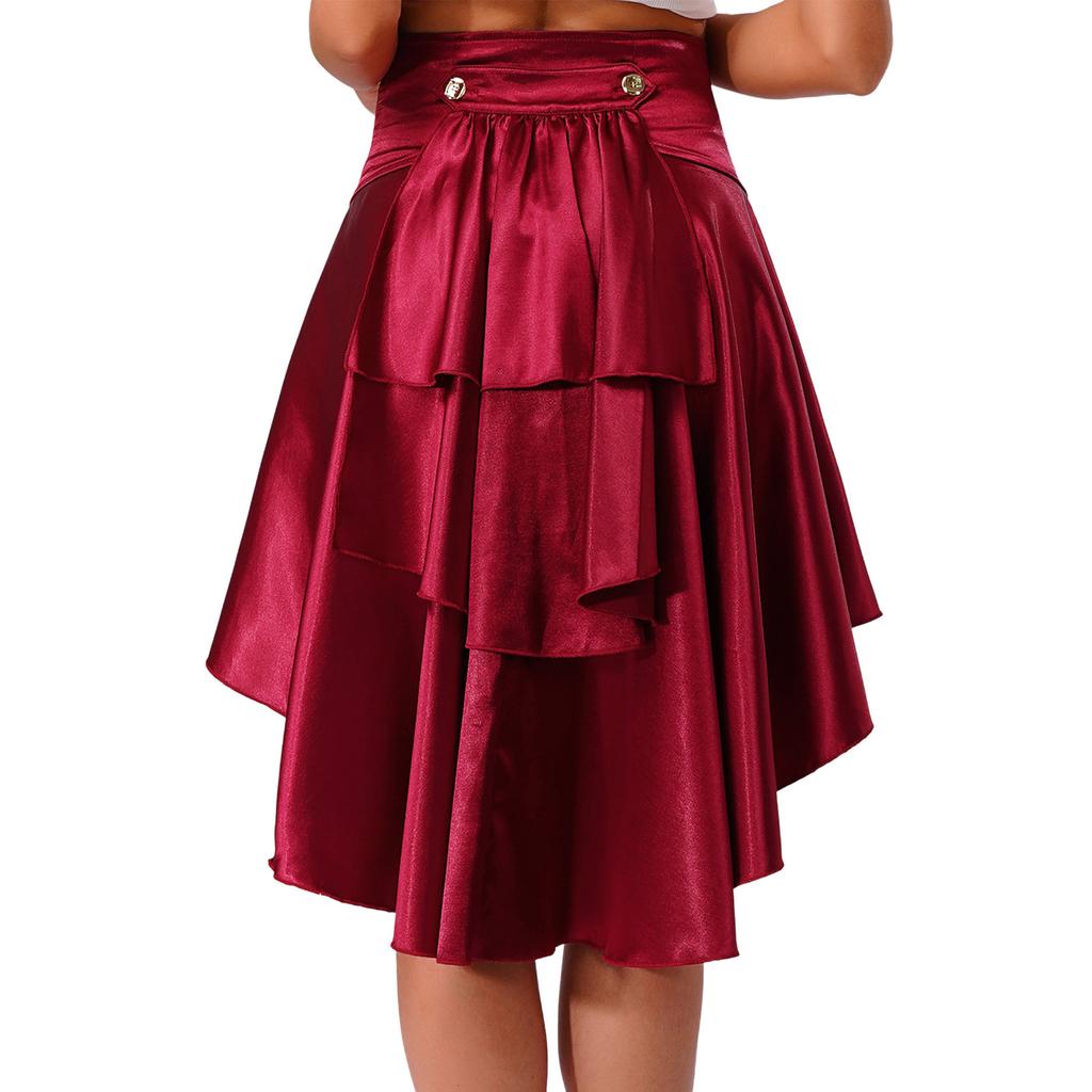 S-3XL Womens Gothic Steanpunk Satiny Skirt Front Eyelets Lace-up High-low Hem Tiered Ruffled Irregular Hem Skirt Waist Belt
