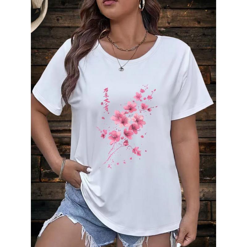 Flower print European and American large size fashionable round neck short-sleeved T-shirt