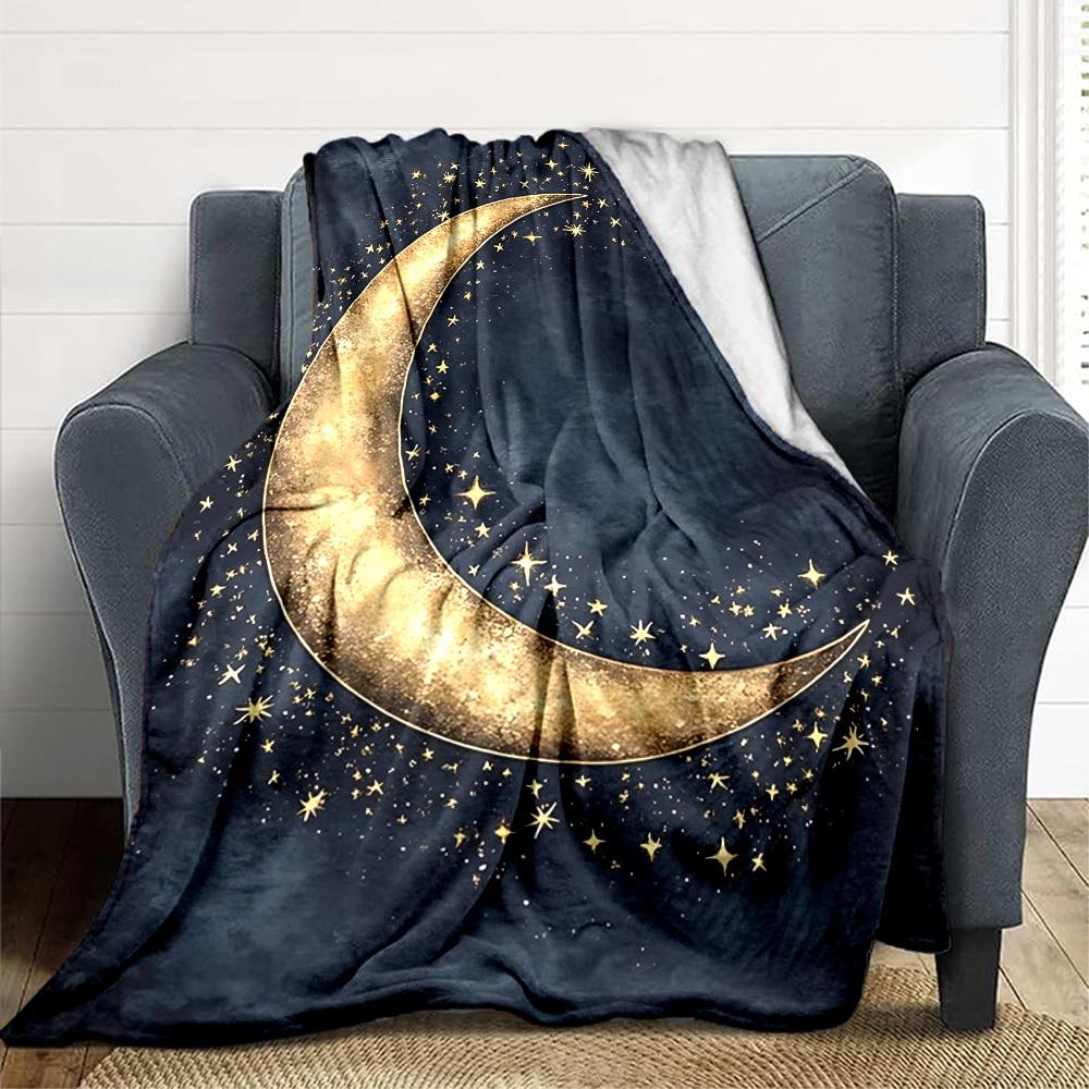 1pc Moon Stars Print Blanket - Lightweight Flannel Blanket For Sofa, Bed, Living Room, Office, Outdoor Travel, Camping, Soft 049