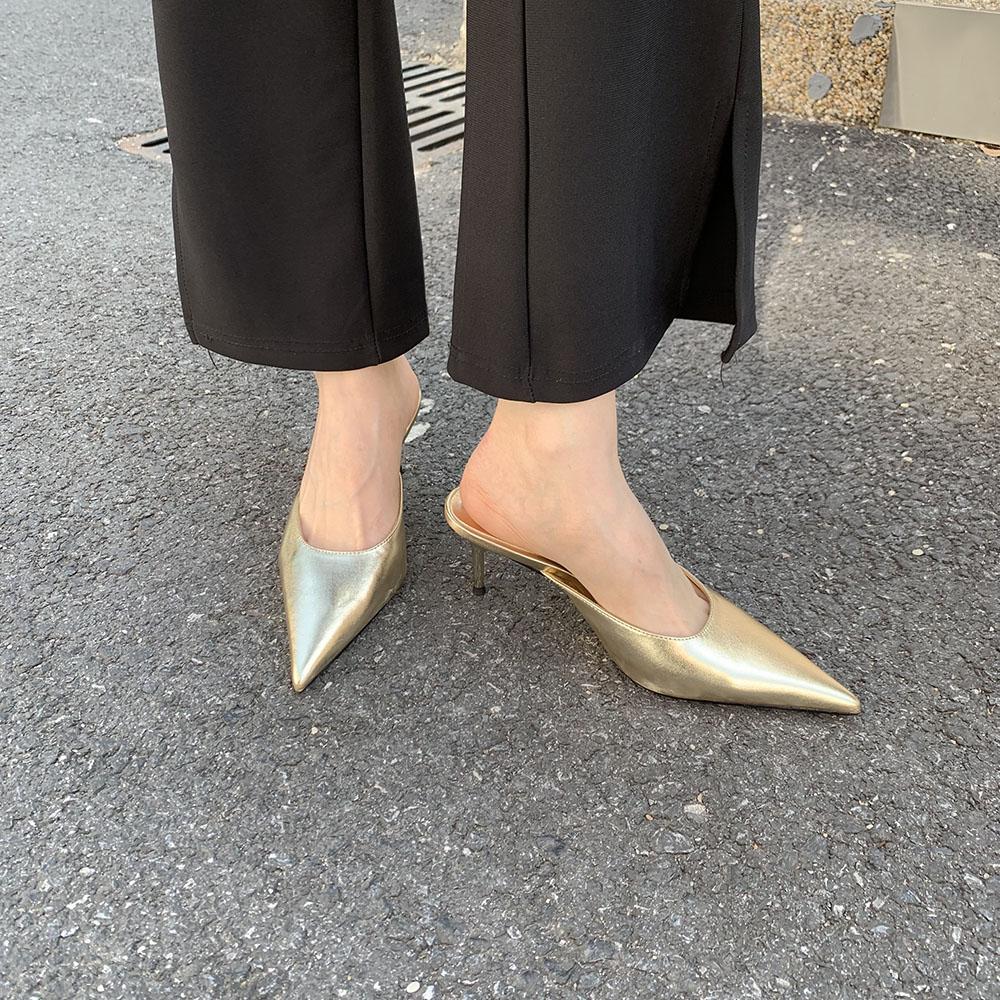 Fashion Pointed Toe Women Slides Slippers Outside Mules Shoes Black Gold Silver White Thin High Heels Summer Outside Mules Shoes Office