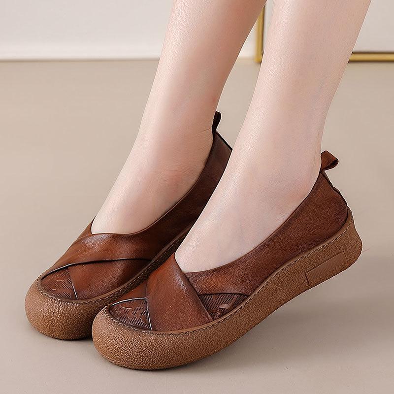 Spring Cowhide Low-Cut Soft Sole Round Toe Retro Women's Casual Shoes