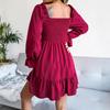 Summer Spring Flared Swing Dress Square Neck Long Sleeve Ruffled Solid Color A Line All Match Sizes S to XL