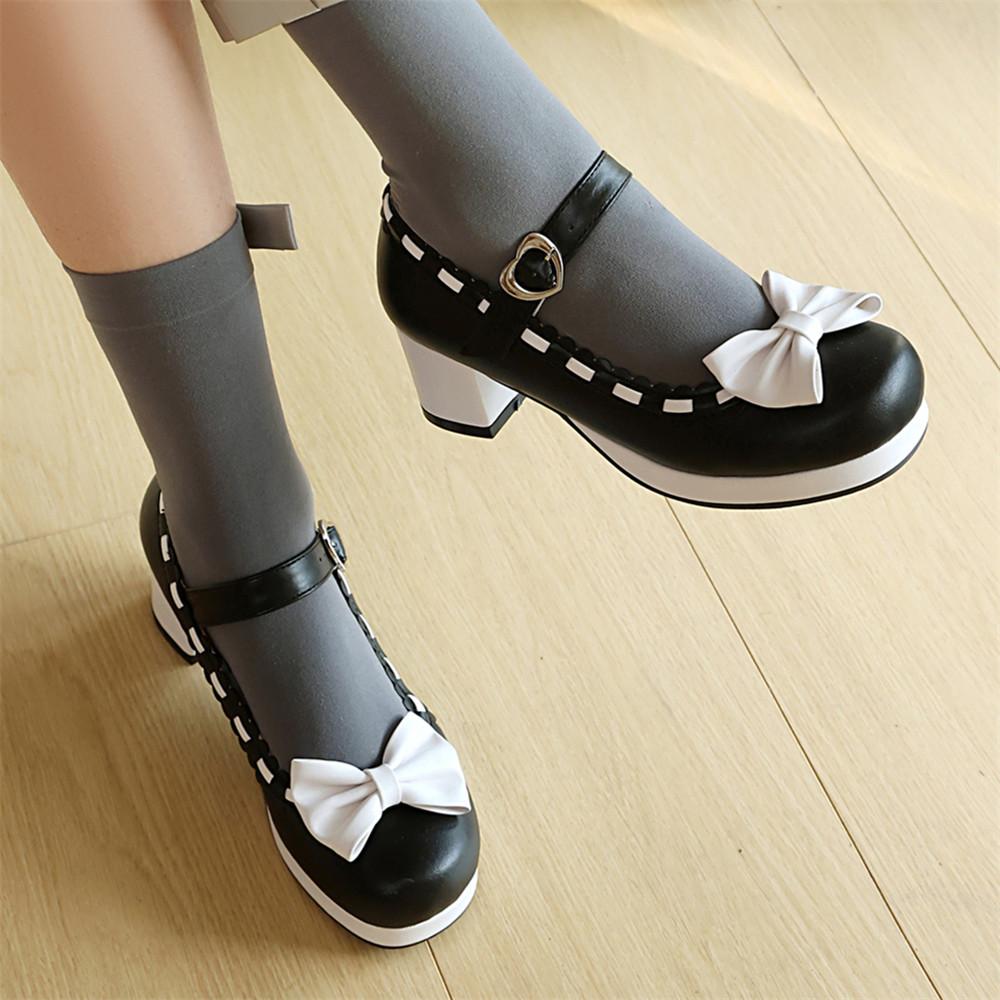 Fashion Girls Sweet Med Heel Ruffles Lolita Shoes Cute Bow Mary Jane Pumps Bride Wedding Cosplay Party Red Pink Black Green Size 34-48