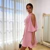Direktlieferung Neckholder schulterfreies Kleid, pinkes Umhangärmel tailliertes A-Linien kurzes Kleid, Generation