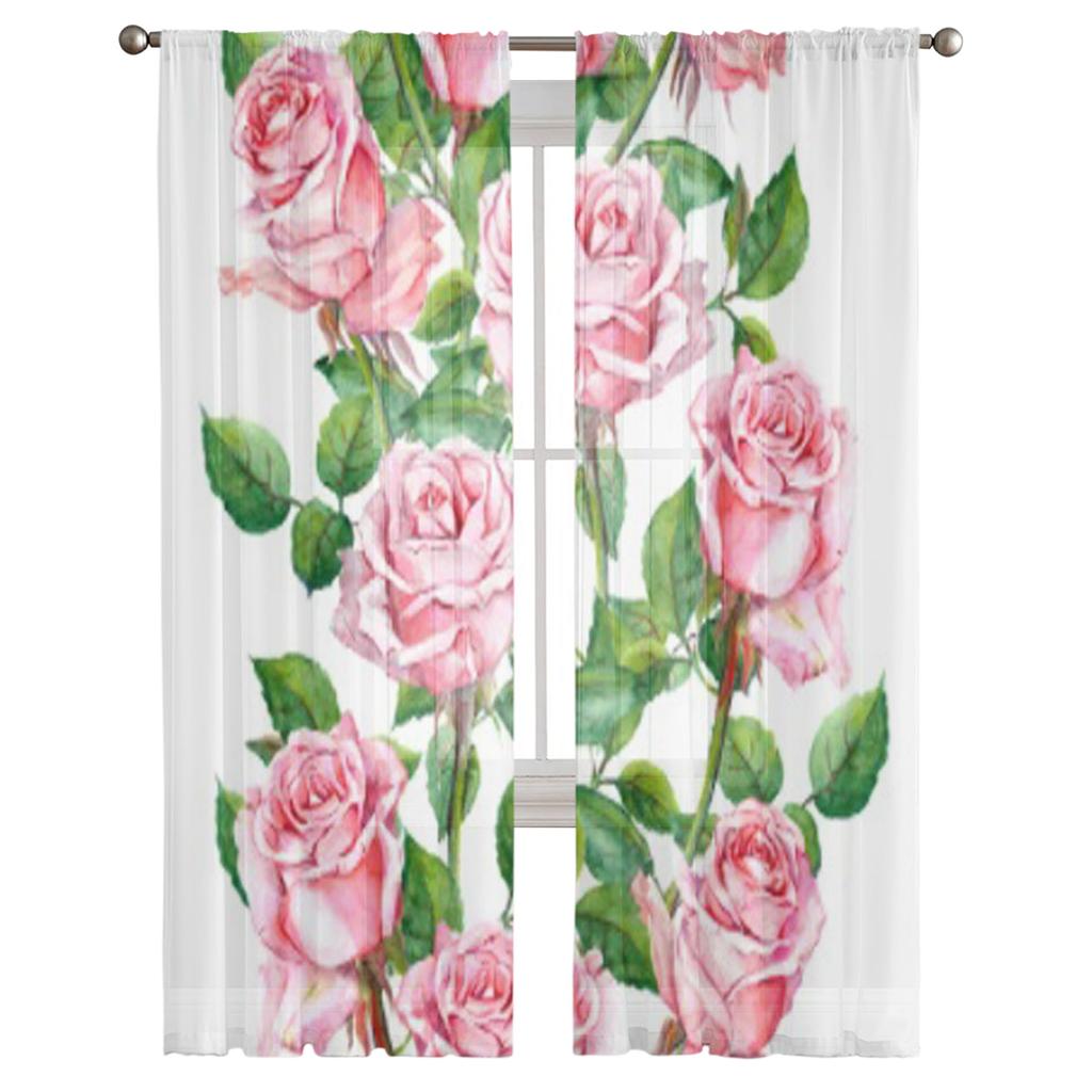 Repeating Floral Pink Rose Flowers Chiffon Sheer Curtains for Living Room Bedroom Kitchen Decoration Window Voiles Tulle Curtain