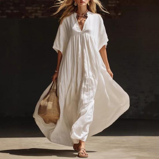 Damen Kurzarm A-Linien Swing Kleid, V-Ausschnitt Plissiert Fließendes Langes Kleid, Sommer Lässig Strandurlaub Sommerkleid
