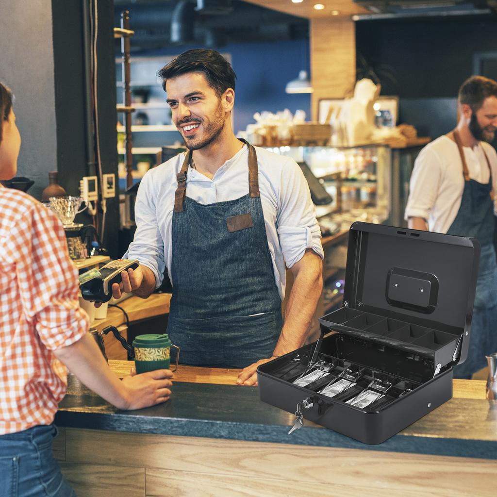 Cash Box Metal Money Box with 5 Coin Trays Cantilever Design & 4 Bill Slot with Spring Clips To Organize and 2 Keys