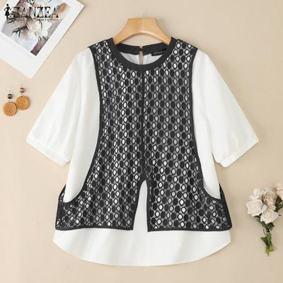 Women Casual Round Neck Loose Short Sleeve Patchwork Blouse