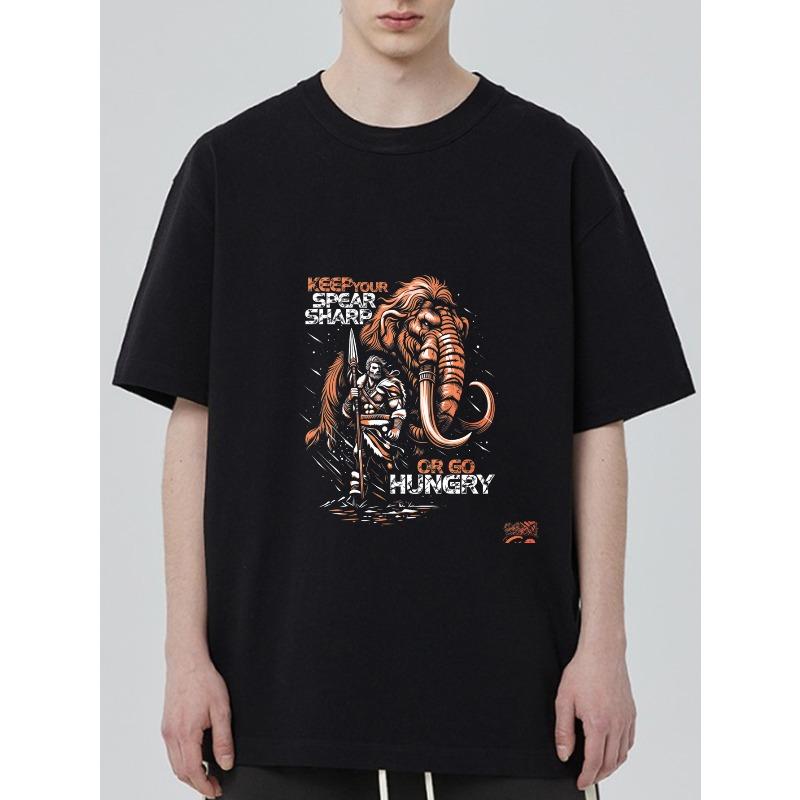 

Black T Shirt With Warrior And Mammoth Graphic Keep Your Spear Sharp Or Go Hungry Print For Casual Wear XXXXL чорний