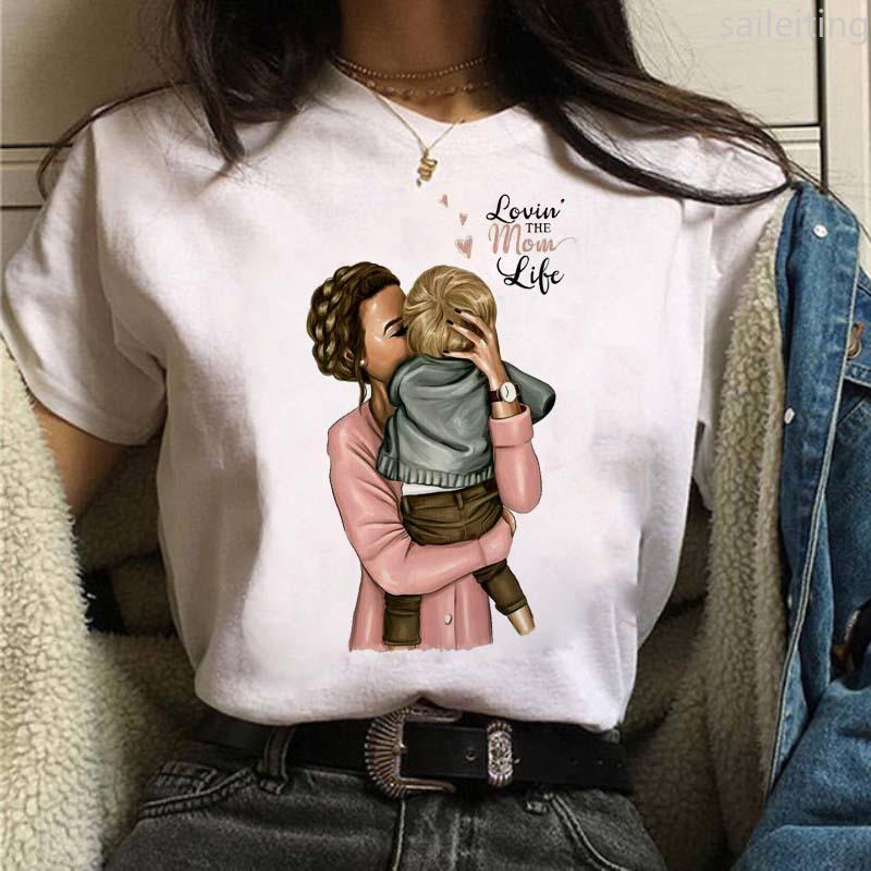 Women T-shirts Cute Mom and Daughter Black Summer Short Sleeve Female Tops Summer Sleeved Harajuku Streetwear Tops Tees