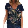 Summer V-neck 3D Flower Printed Top Fashionable Casual Short Sleeved Women's T-shirts