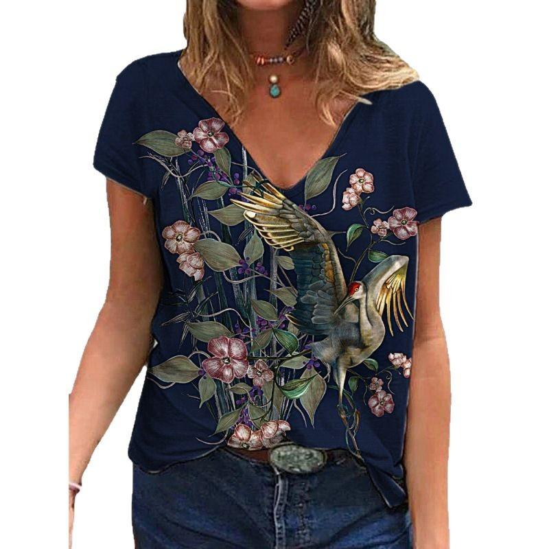 Summer V-neck 3D Flower Printed Top Fashionable Casual Short Sleeved Women's T-shirts