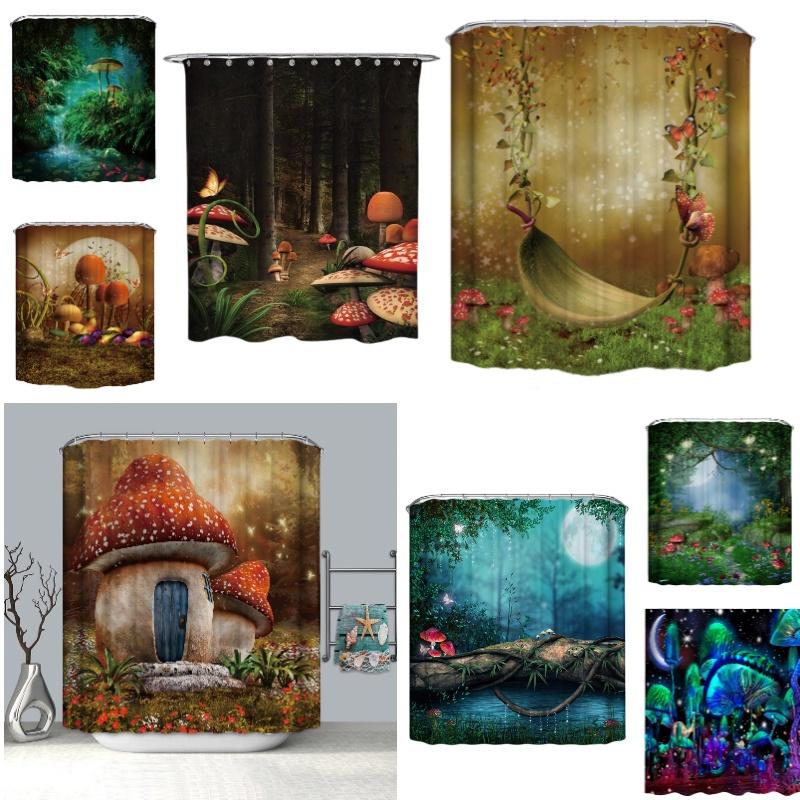 Verträumter Waldpilz Schaukel Polyester Digital bedruckter Duschvorhang