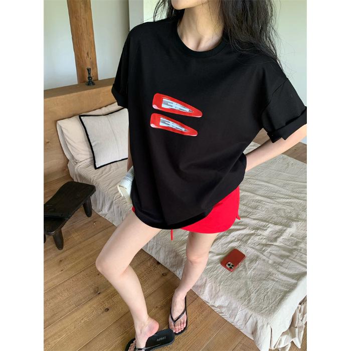 

Cotton printed round neck short-sleeved T-shirt women s summer medium and long loose and thin versatile casual black top 3XL