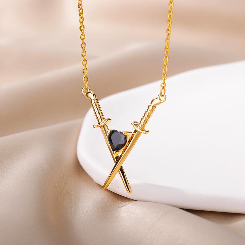 Crossed Swords & Onyx Heart Necklaces For Women Stainless Steel Crossed Swords Necklace Wedding Aesthetic Jewelry Gift