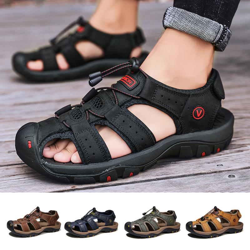 Men's Breathable Sandals Summer Beach Casual Sandals Closed Toe Thick Sole Outdoor Leather Sandals Hiking Sandals