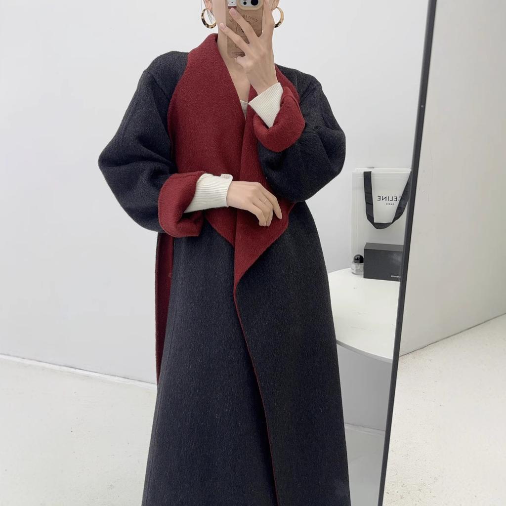 Black and Red Color Matching Elongated Large Lapel Double-sided Wool Coat Lazy Simple Temperament Belt Long Autumn and Winter Women