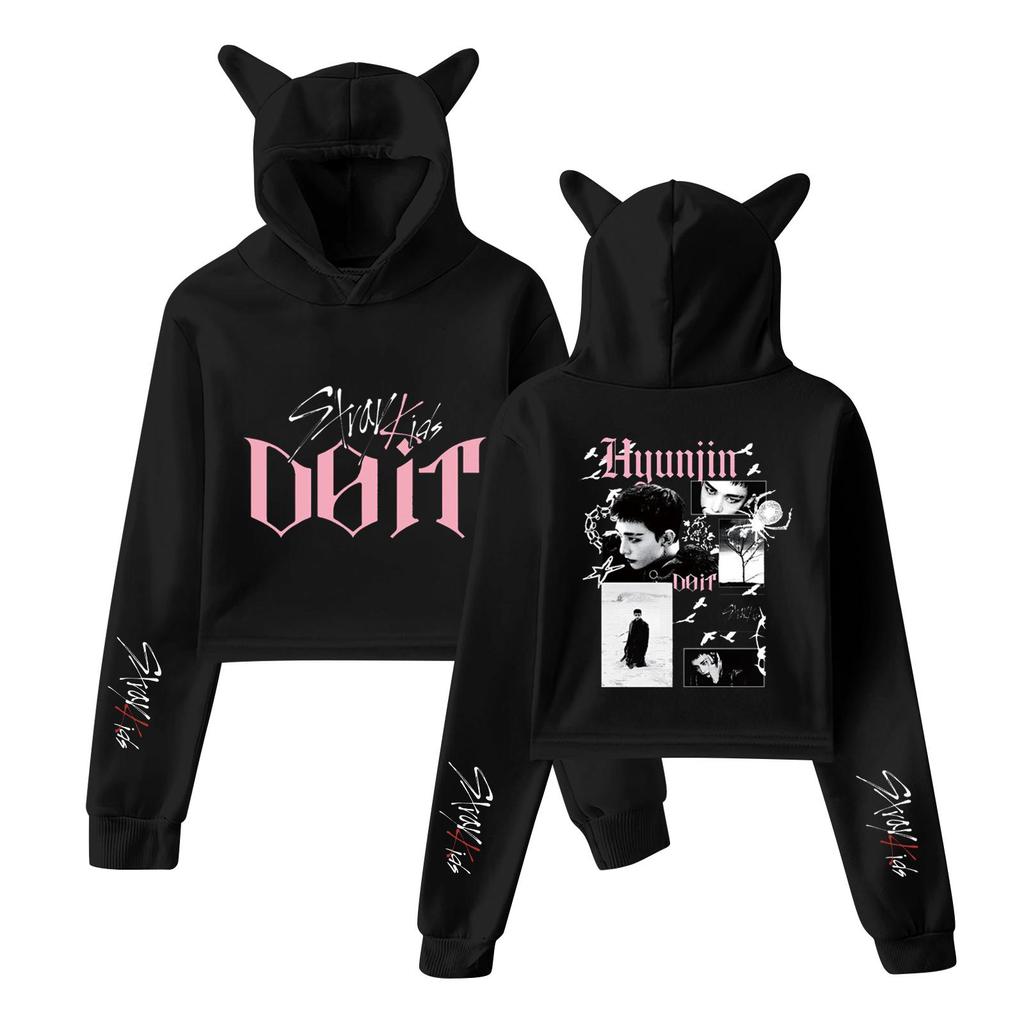 Stylish Women's Hooded Pullover Sweatshirt With Stray Kids Print, Trendy Long-sleeved Top.