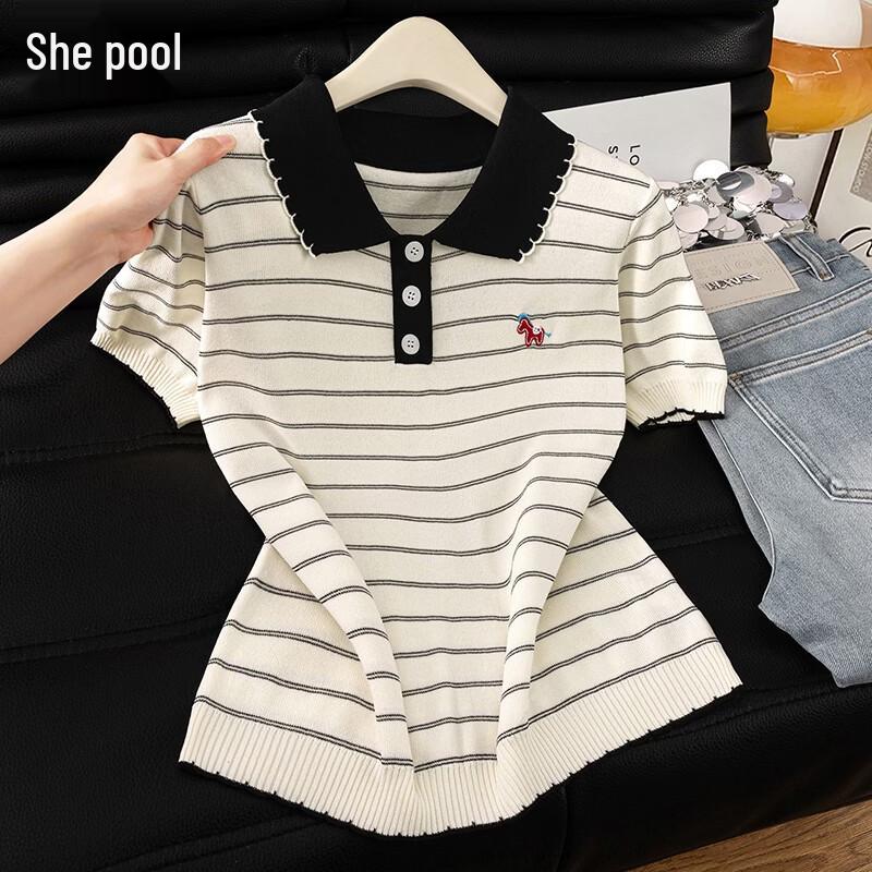 Women s Striped Lapel Knit Polo T-Shirt S