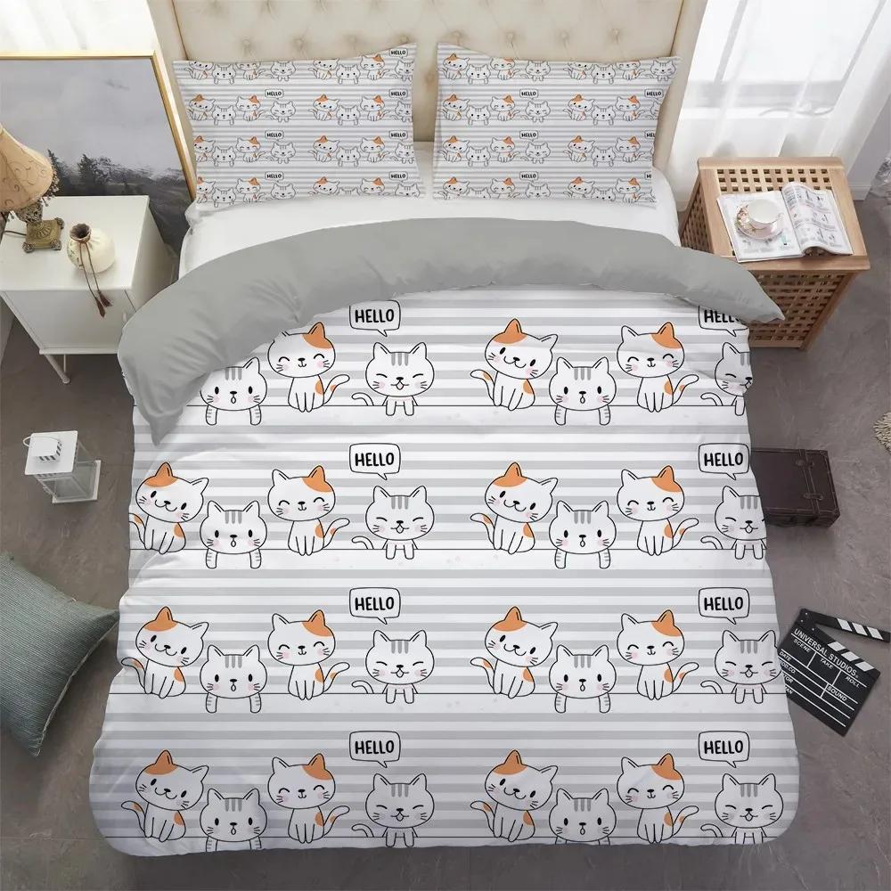 Cartoons Niedliche Katze Bettbezug Polyester Bettdeckenbezug Kissenbezug Junge Mädchen Liebevolle Tiere Bettwäscheset King Queen Full Size