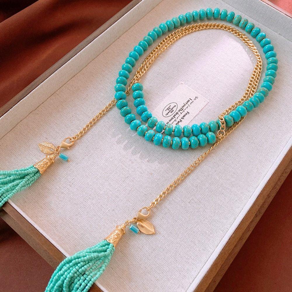 Hanging Neck Bohemian Waist Chain Rice Beads Sweater Chain Portable Long Turquoise Necklace  Girls