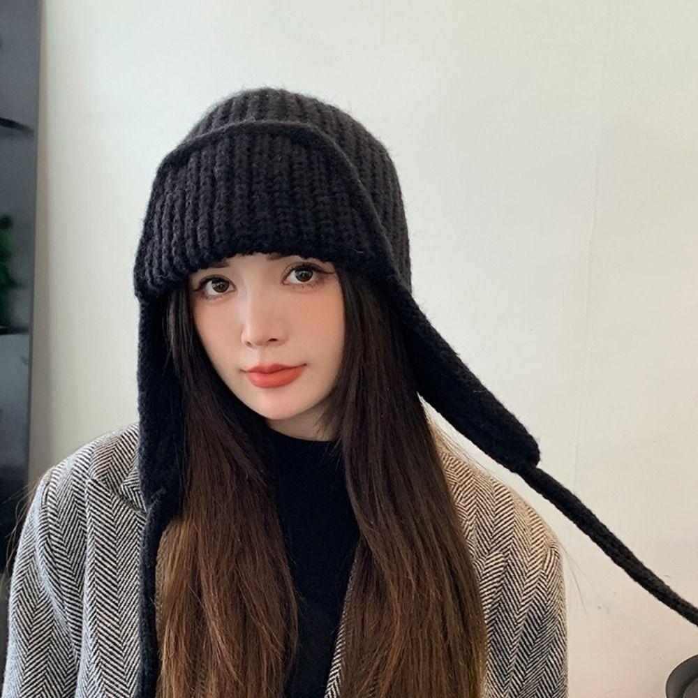 Windproof Ear Protective Hat Keep Warm Wool Pullover Hat Sweet Women Knitted Hat  Outdoor