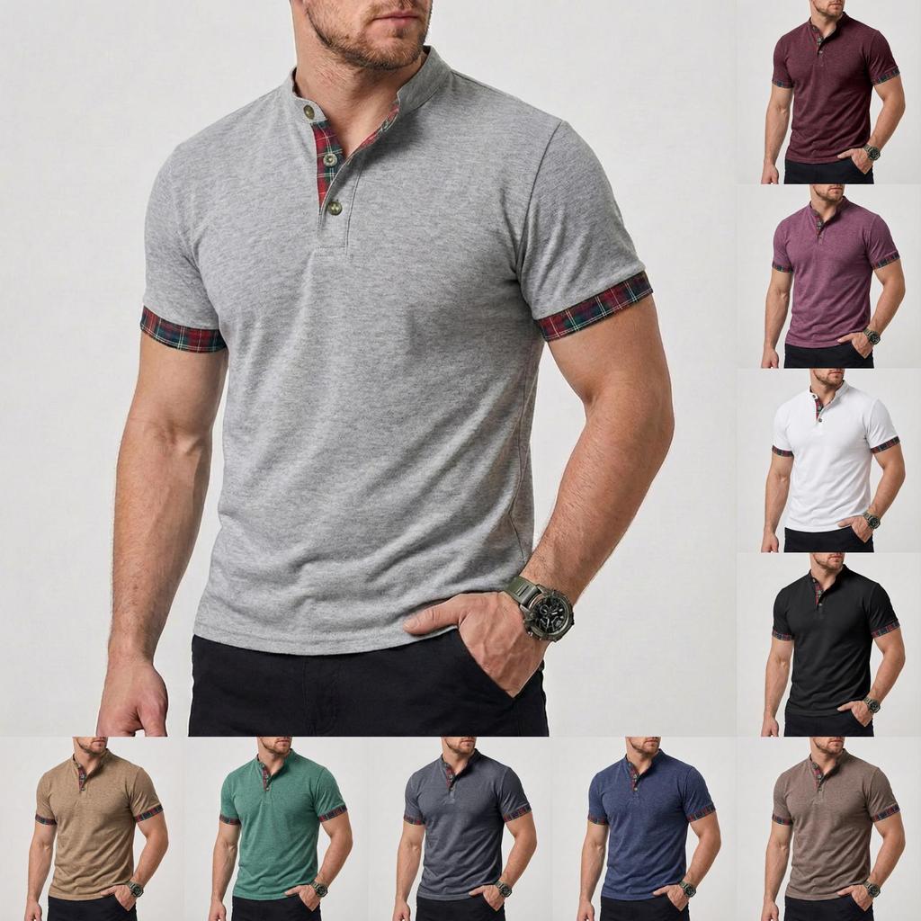 Men's Casual and Fashionable Color-blocked Checkered Shirt, Men's Short-sleeved Stand-up Collar Fitted Top