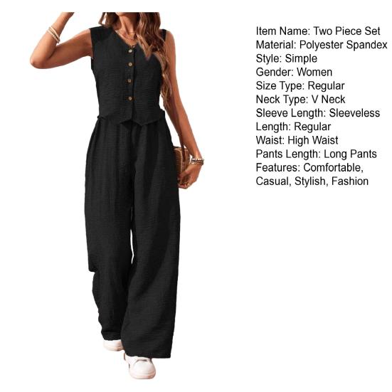 Women's Summer Two Piece Outfit Sleeveless V Neck Button Down Vest High Waist Wide