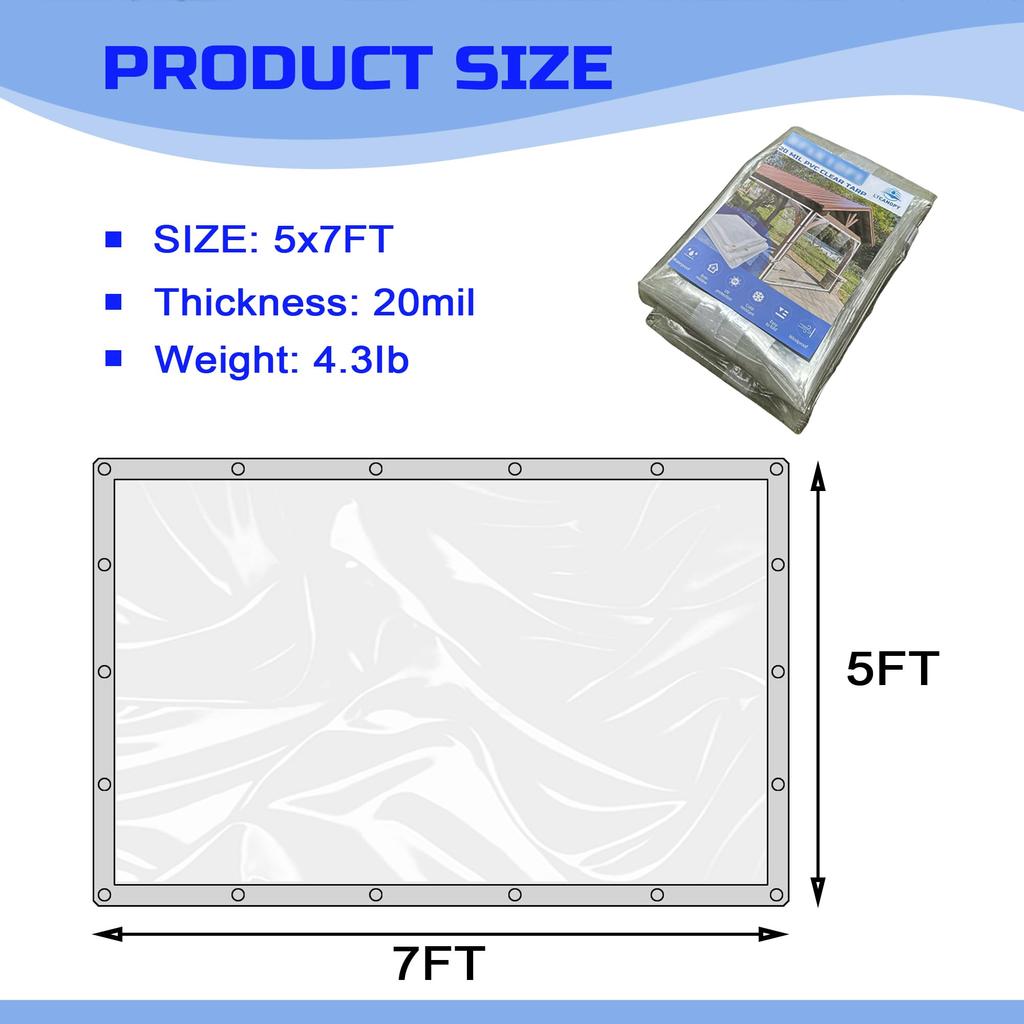 LTCANOPY Clear Tarp, 1.55m X 2.15m, 500g/m² Waterproof Vinyl Clear Sheet with Grommets, Double Seam Reinforced Plastic Edges, Durable Ripstop Tarp