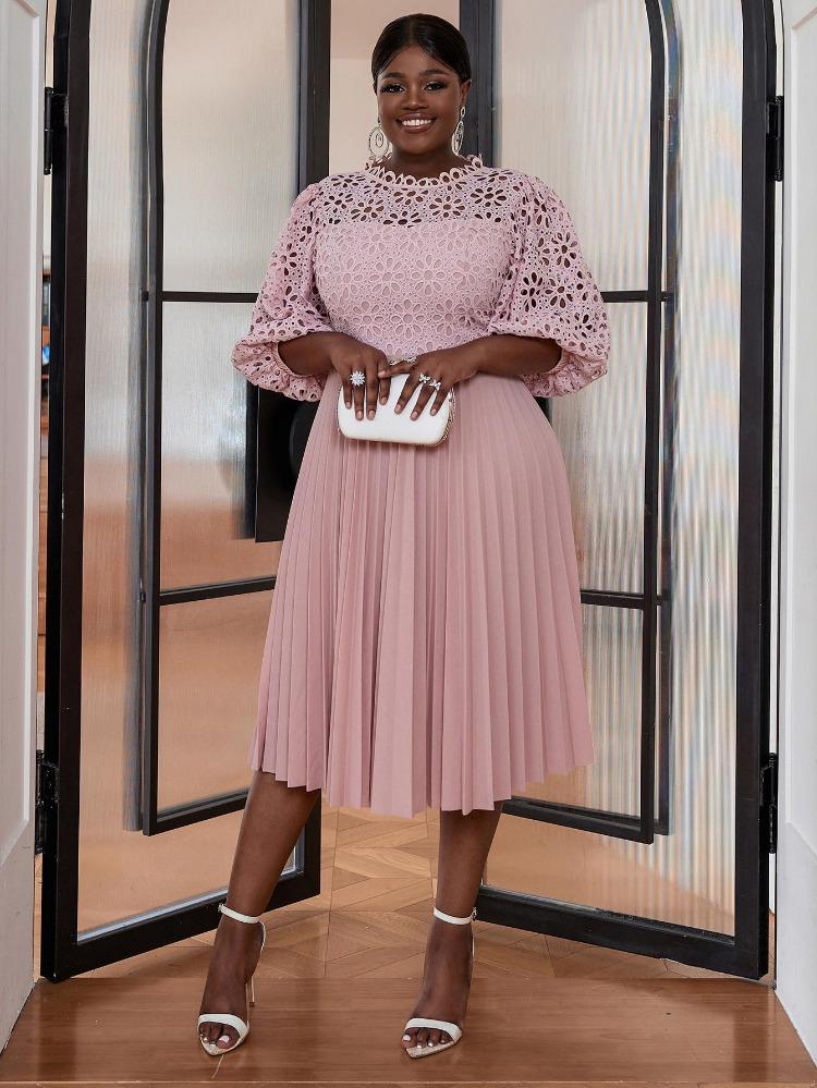 Elegant Women Formal Evening Party Dresses Pink Lace Hollow Out A-Line Pleated Gowns Slim Half Lantern Sleeve Celebration Events