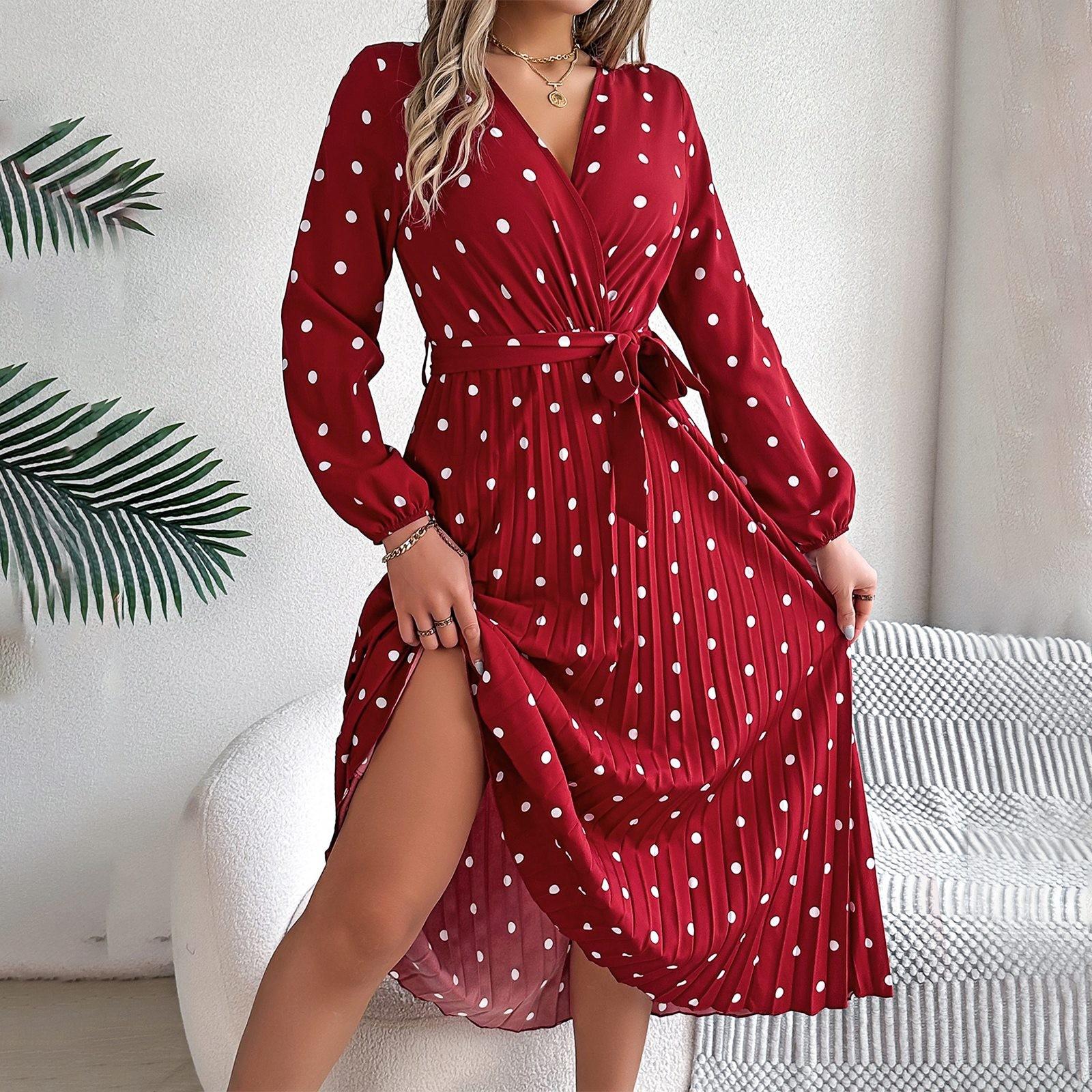 

Женское модное элегантное плиссированное длинное платье в горошек с крестом и V-образным вырезом с длинными рукавами и галстуком XL винный