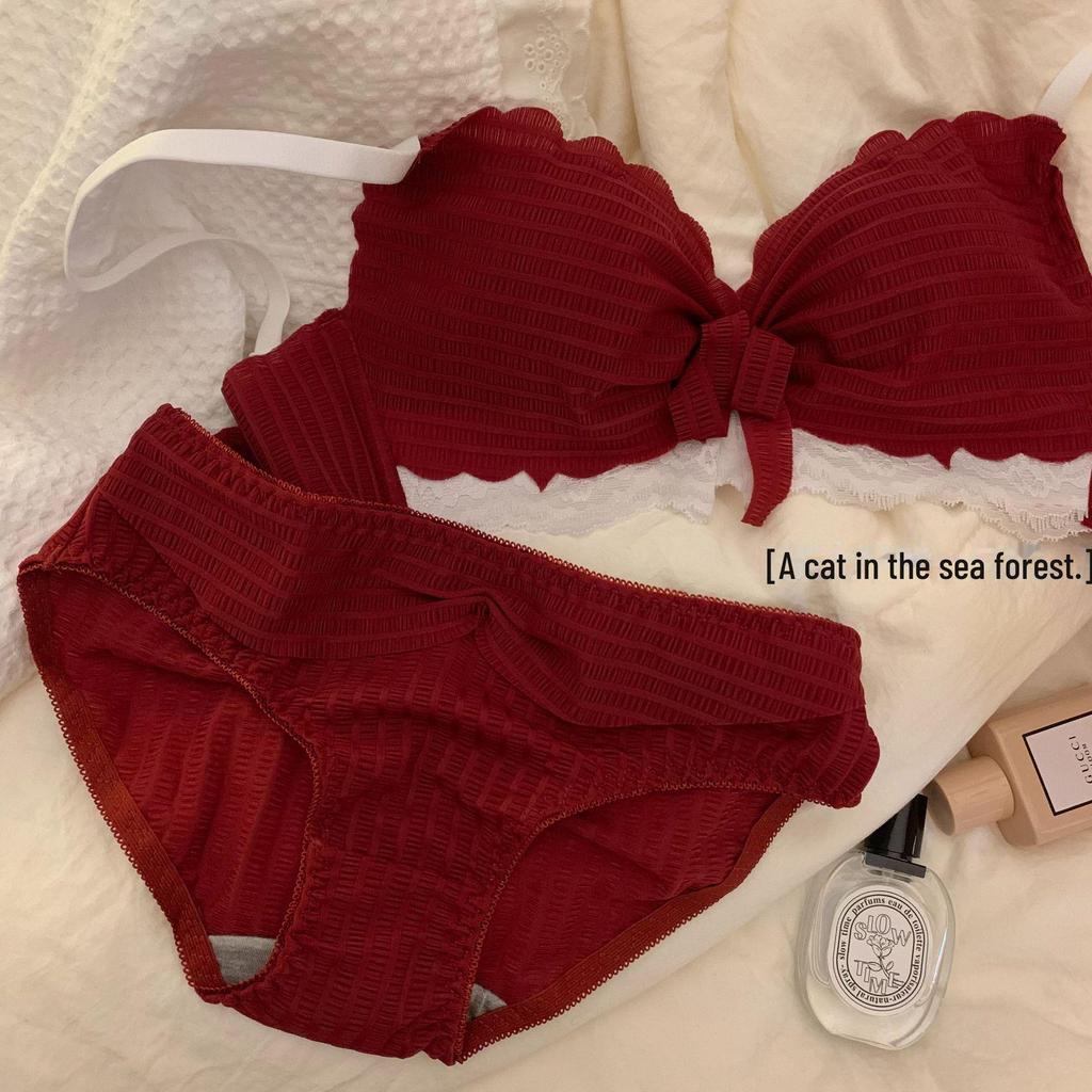 Women's Red Rabbit Year Lucky Sexy Wireless Bridal Bra Set - Gathered Bust